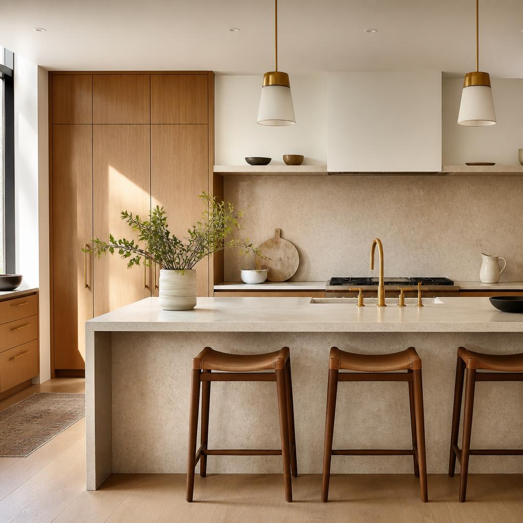 Editorial image of a modern kitchen with a stone island and wood cabinetry