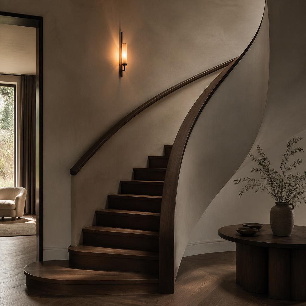 Editorial image of a curved staircase with a dark wood handrail