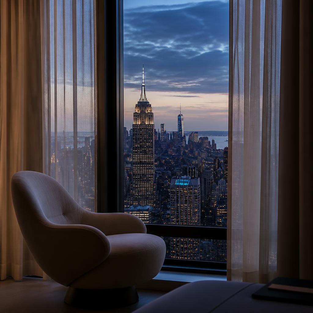 Editorial image of a tall apartment window overlooking a city skyline at blue hour
